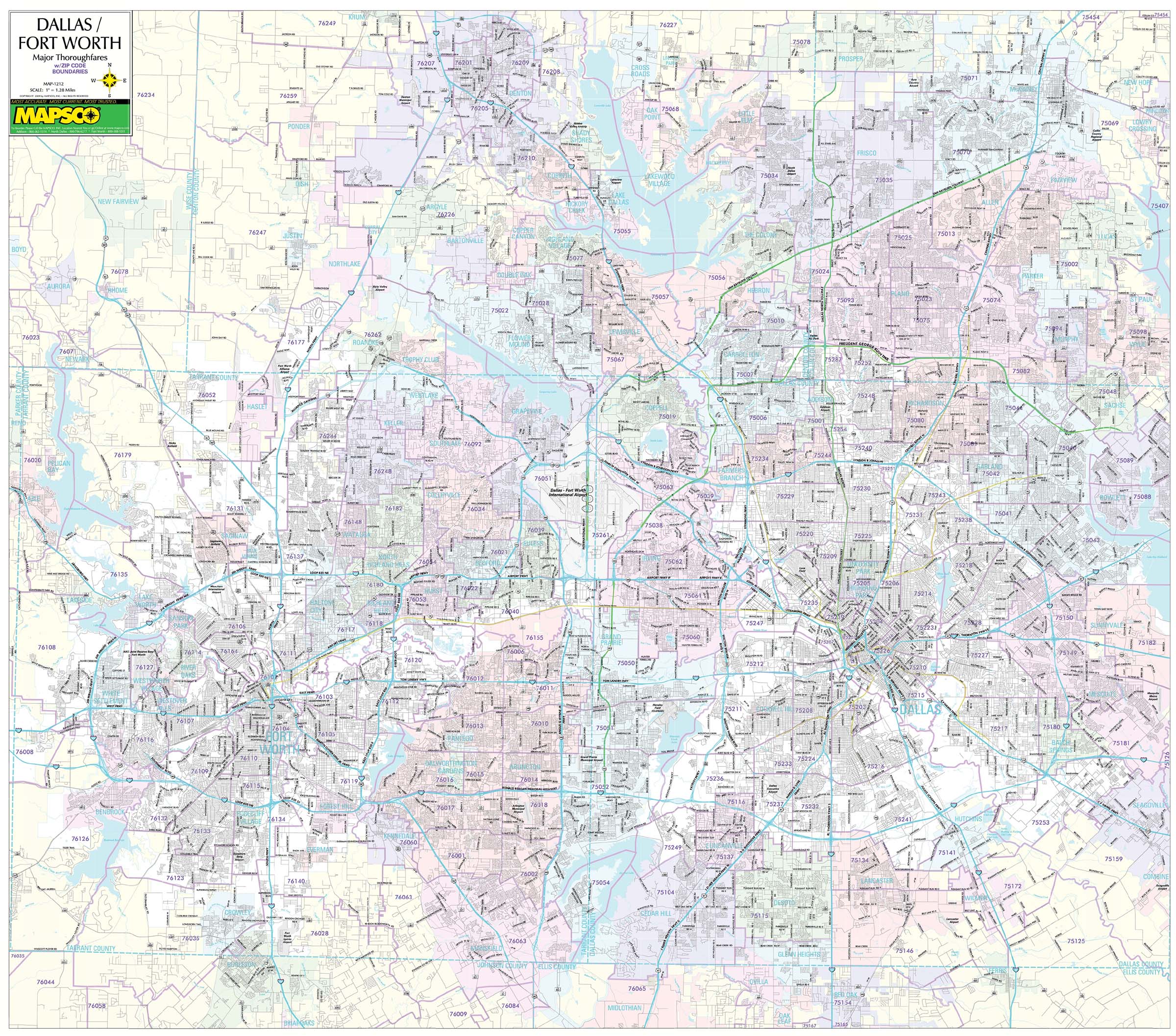 Dallas Fort Worth County Map DallasFort Worth, TX Major Thoroughfares Wall Map KAPPA MAP GROUP