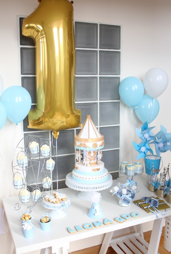 Kara's Party Ideas Carousel themed 1st birthday party dessert table via