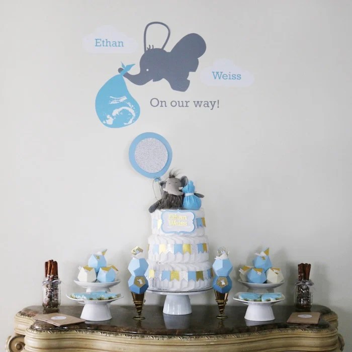 Kara's Party Ideas Geometric Blue + Gold Elephant Baby Shower