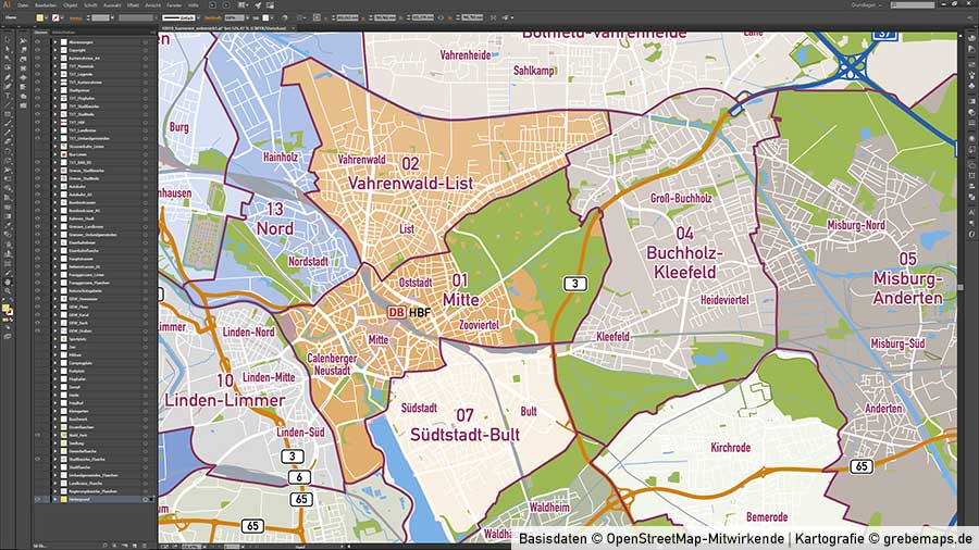 Hannover Stadtplan Vektor Stadtbezirke Topographie