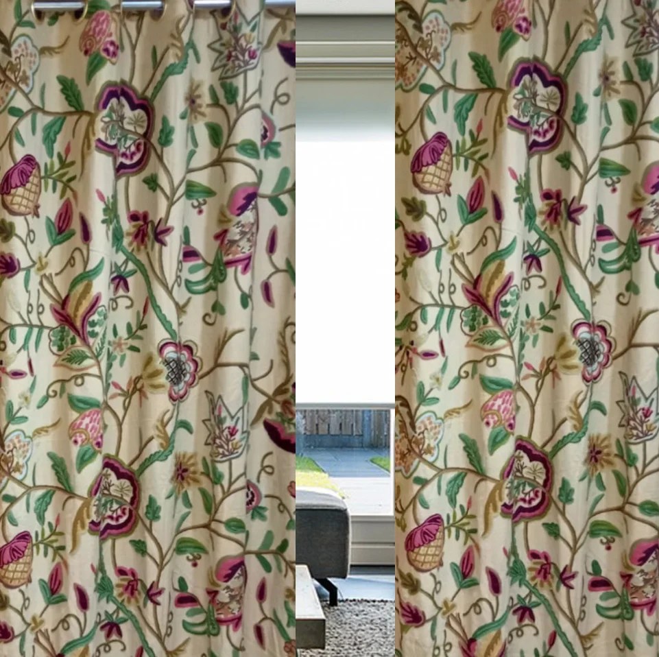 One Pair of Luxury All season Pure Silk Organza Crewel CurtainSilk