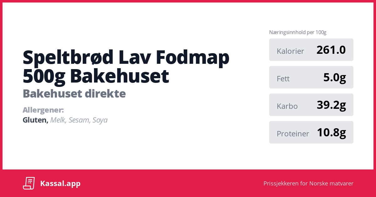 Speltbrød Lav Fodmap 500g Bakehuset Kassalapp®