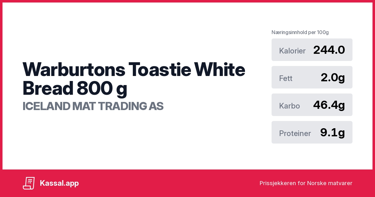 Warburtons Toastie White Bread 800 g Kassalapp®