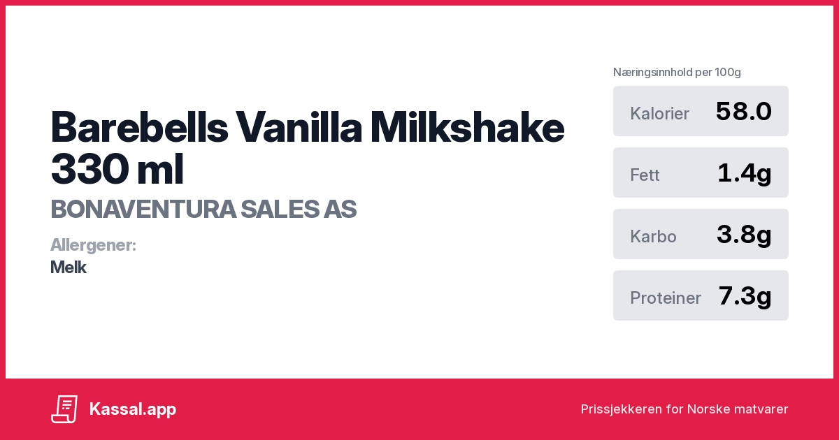 Barebells Vanilla Milkshake 330 ml Kassalapp®