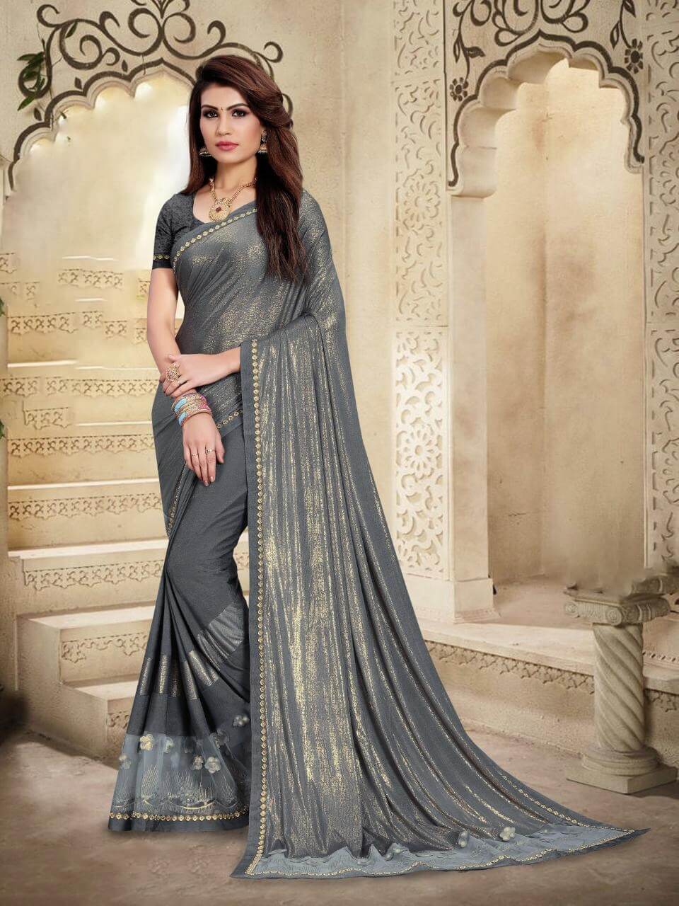 Grey Colour Party Wear Shine Grey Sarees