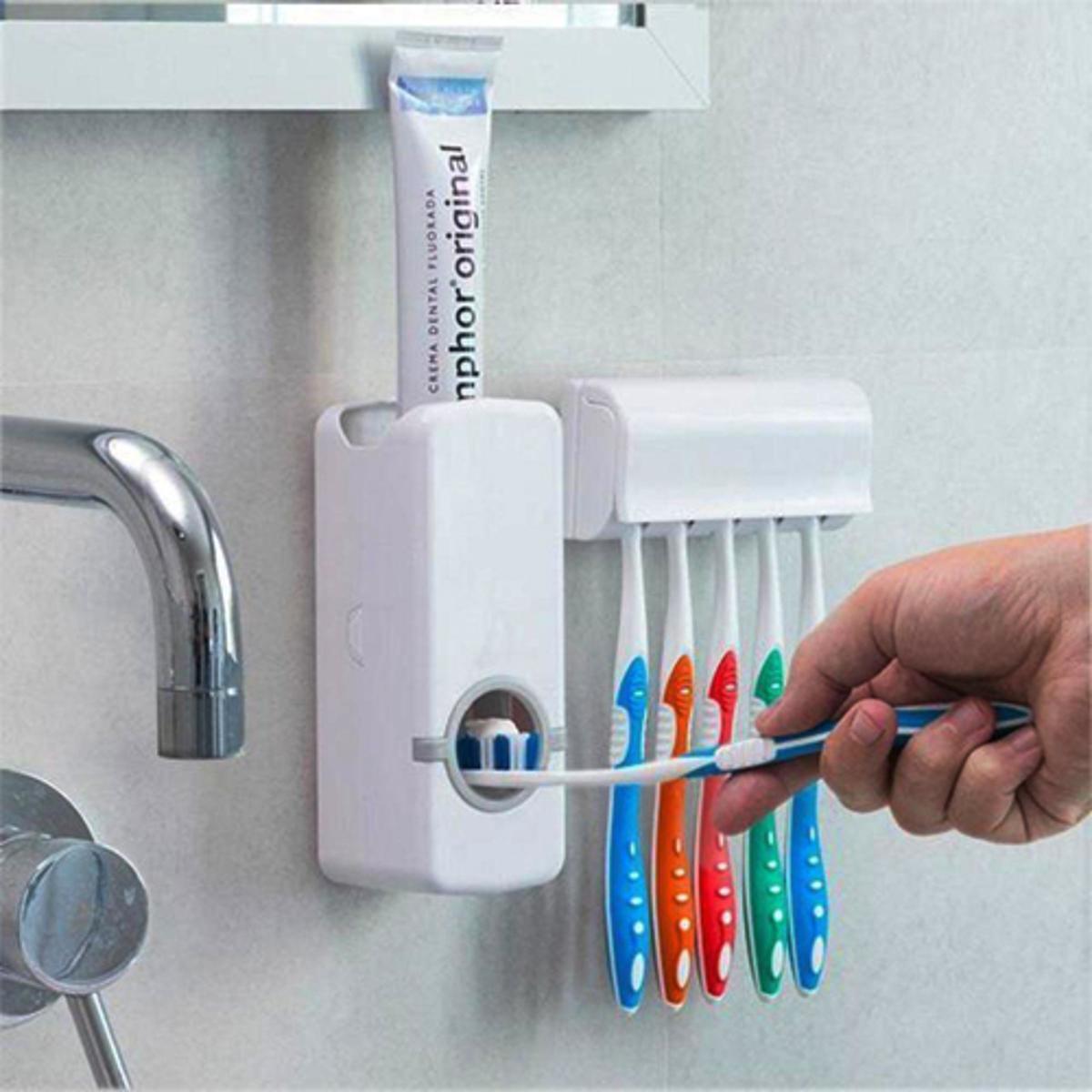 Toothpaste Dispenser With 5 Brush Holder Wall Mounted Automatic Hands