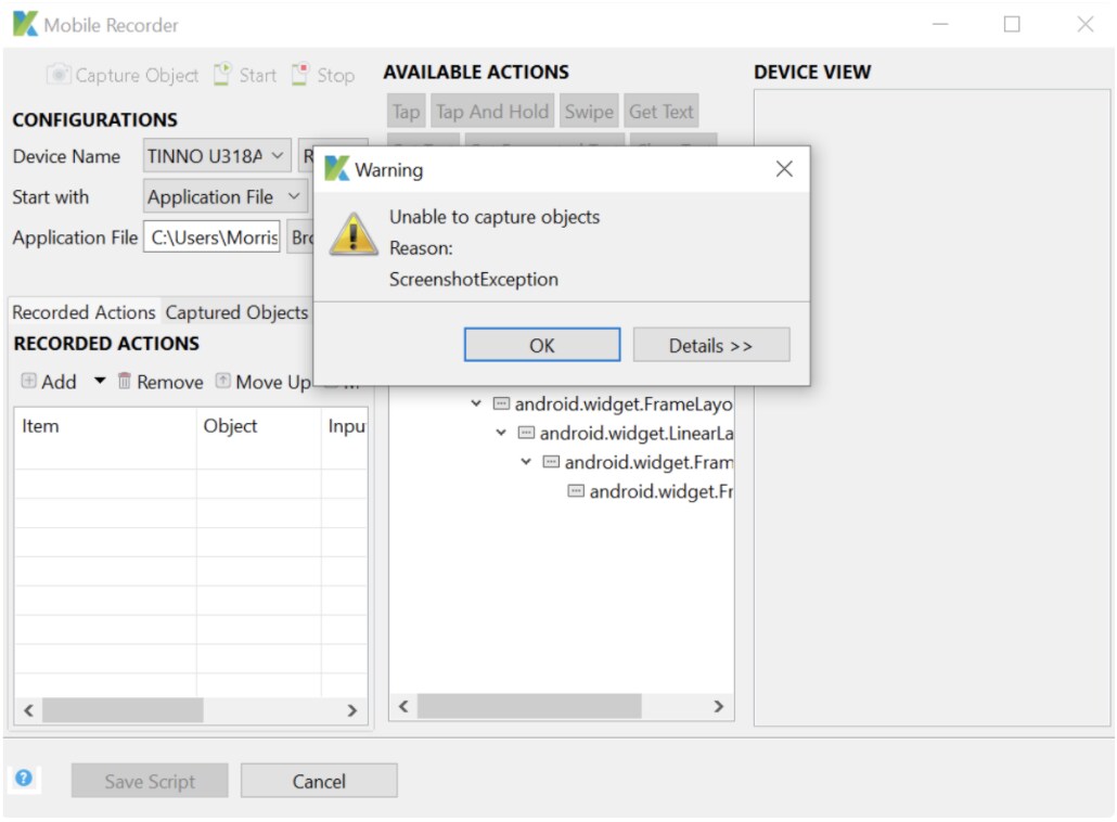 Unable to capture objects. Reason ScreenshotException Katalon Docs