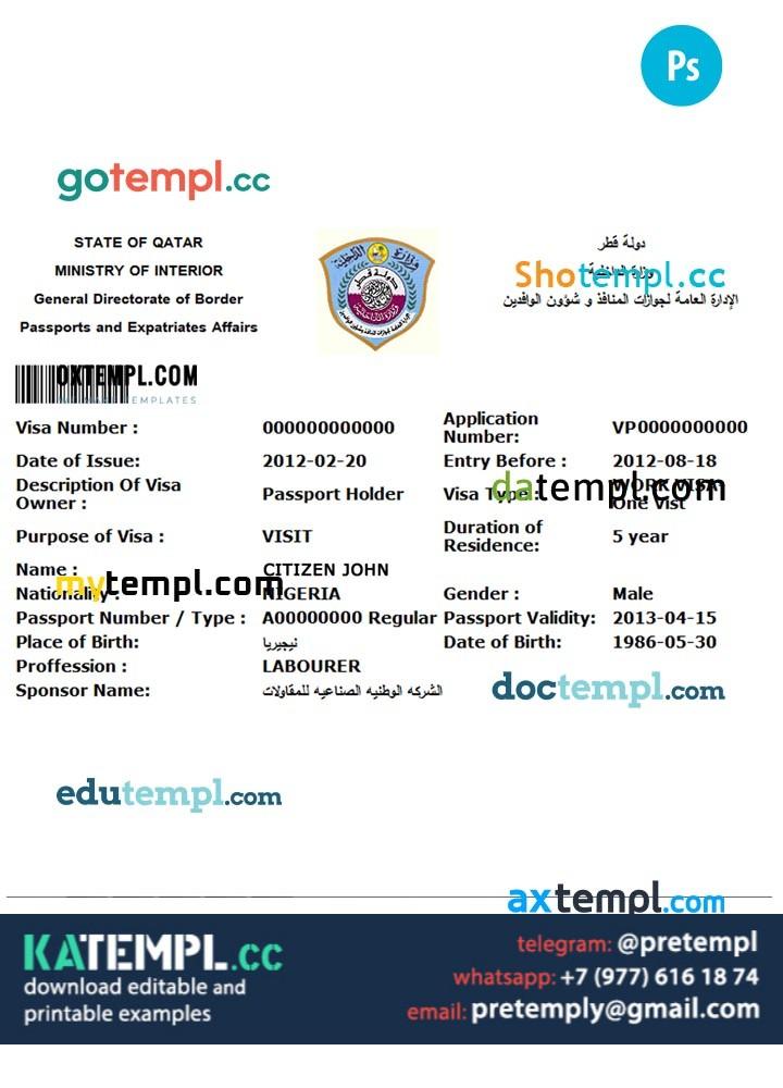 generate Qatar electronic visa PSD , completely editable, with fonts