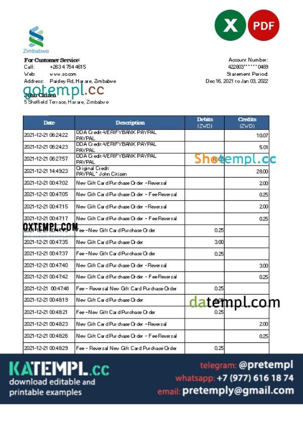 generate Zimbabwe Standard Chartered bank statement , Excel and PDF