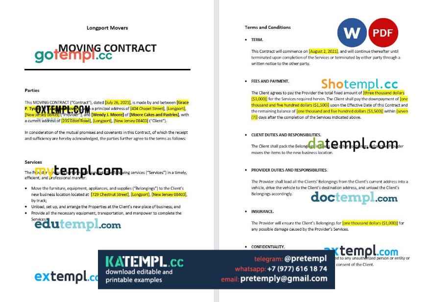 moving contract template, Word and PDF format Katempl