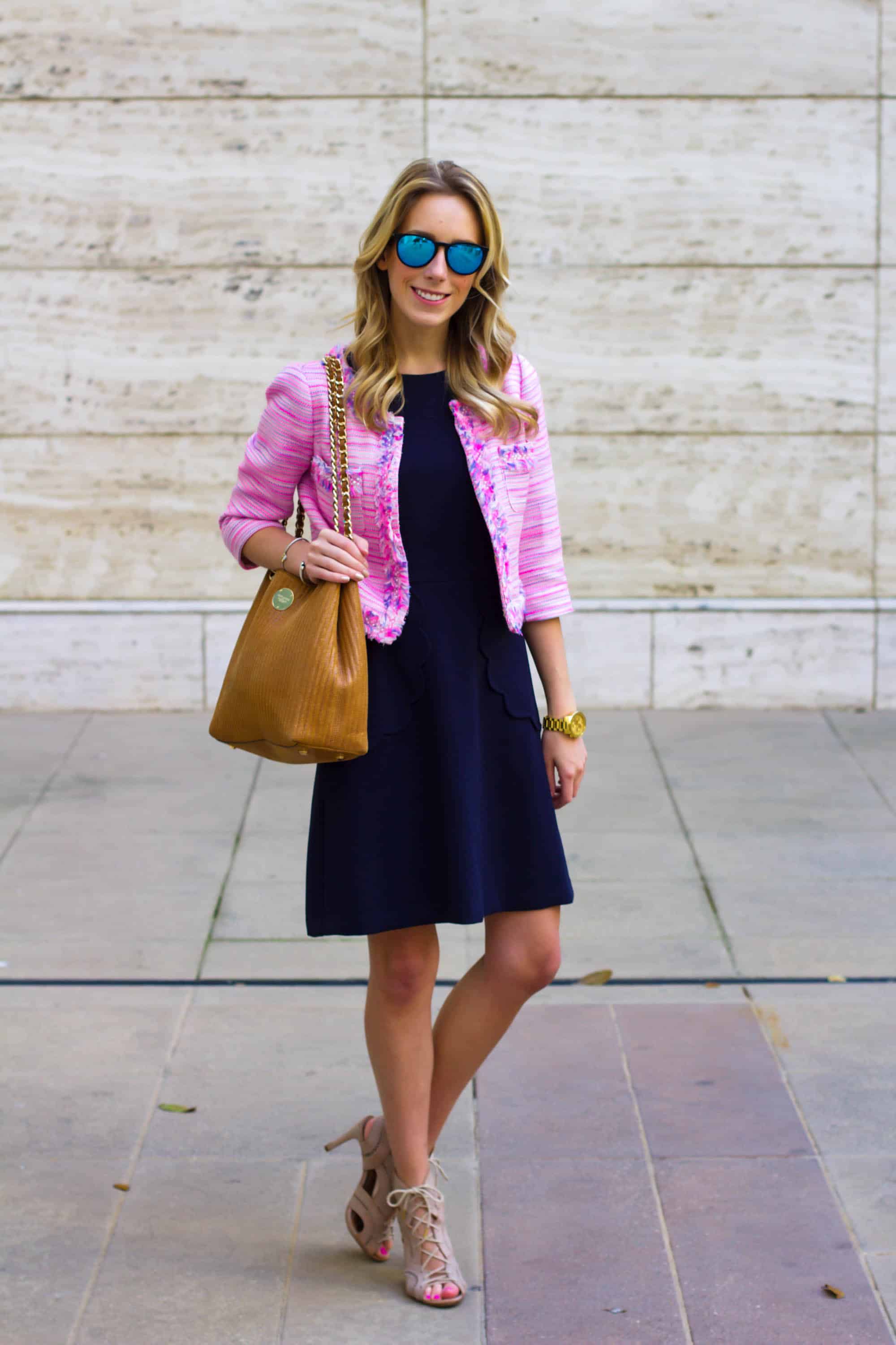 Pink Tweed Blazer and Navy Scallops Katie's Bliss