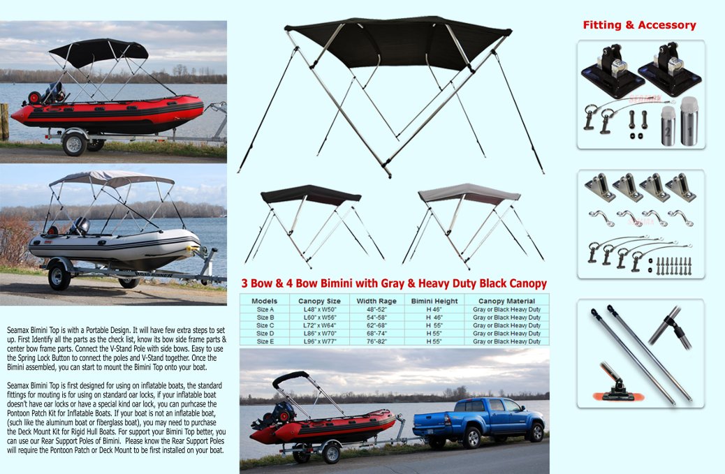 Size E Bimini Top for 16-20ft Boats, 4 Bow Style, Width 77" - Kay Gee
