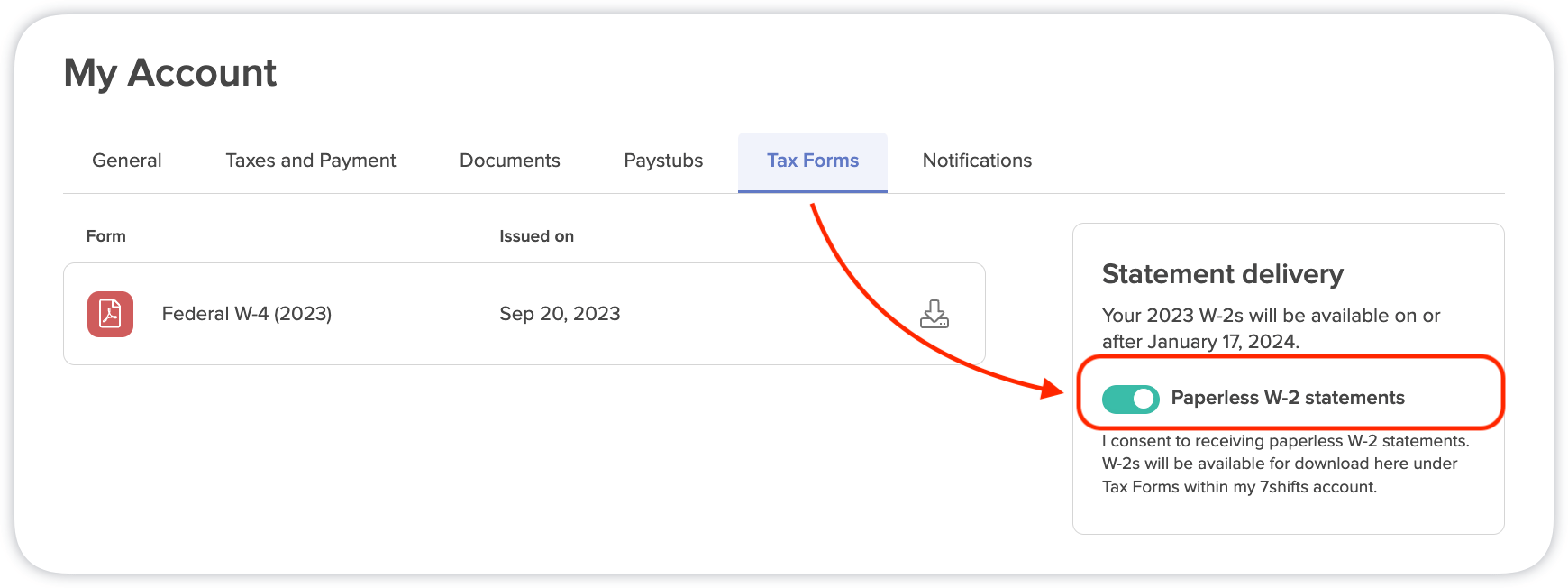 Optin and View W2s 7shifts