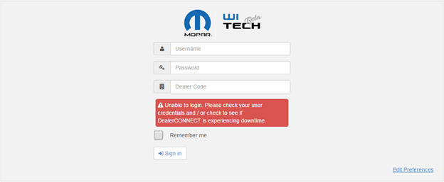 Unable to access wiTECH 2.0 when DealerCONNECT site is unavailable