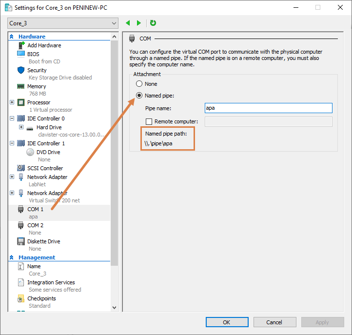 PuTTY to local console connection using a pipe with cOS Core under