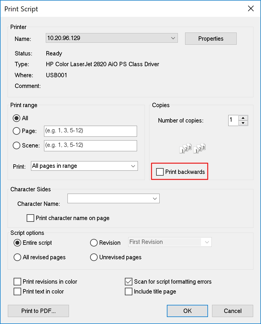 Can Final Draft print back to front? Final Draft