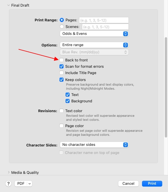 Can Final Draft print back to front? Final Draft