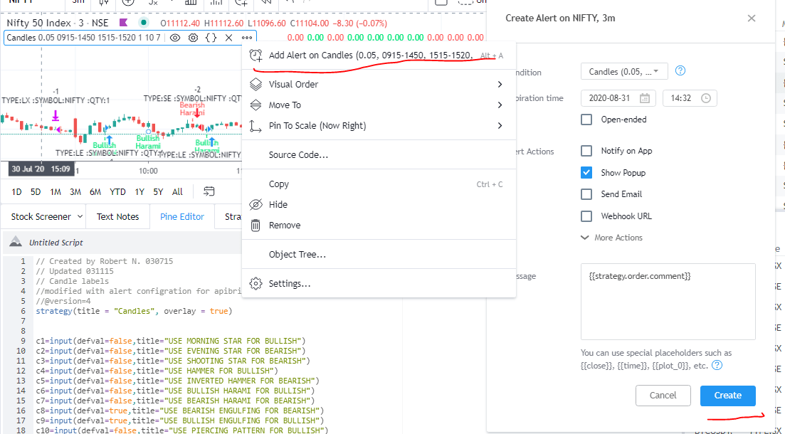 How to setup algo for candlestick patterns in TradingView MyCoder