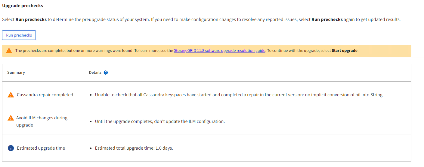 StorageGRID 11.8 upgrade precheck detects Cassandra keyspace has not