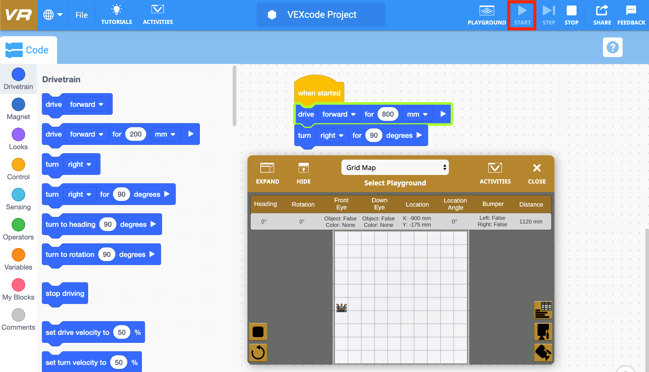 การเริ่มต้นและหยุดโครงการบล็อกใน VEXcode VR ห้องสมุด STEM