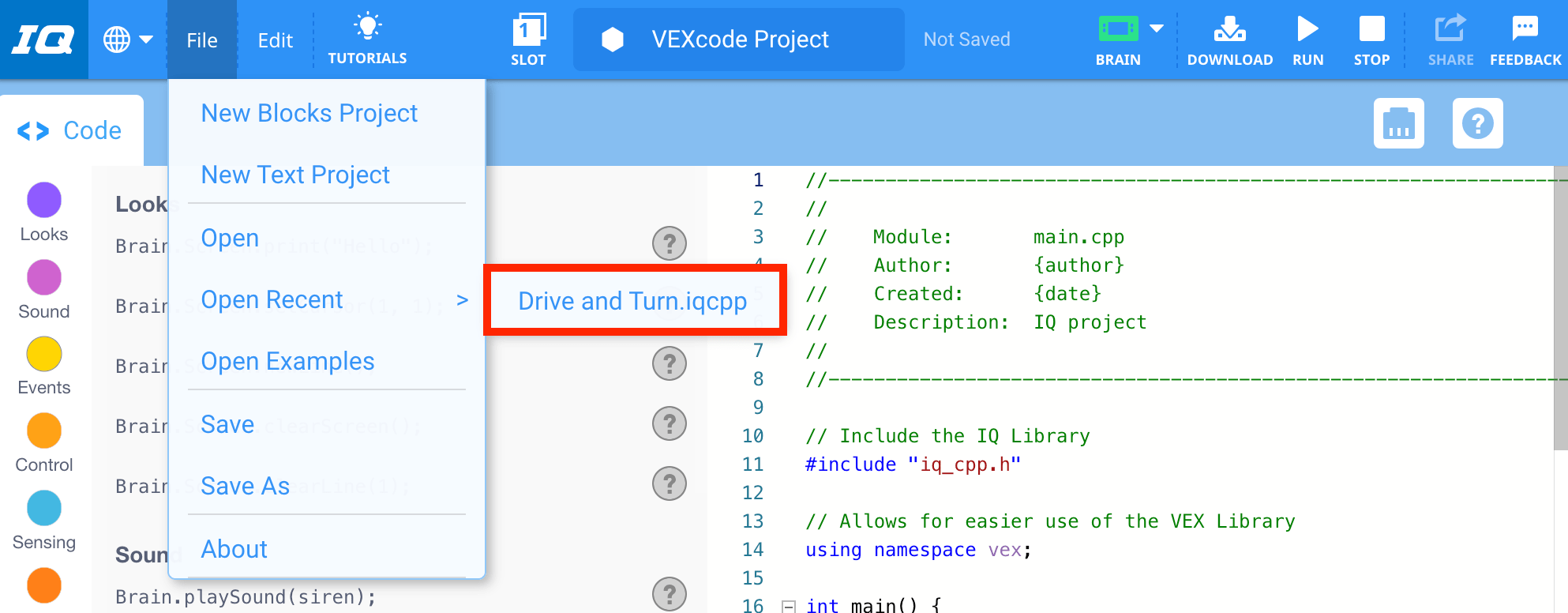Open a C++ Project on Windows Open and Save C++ Projects VEXcode IQ