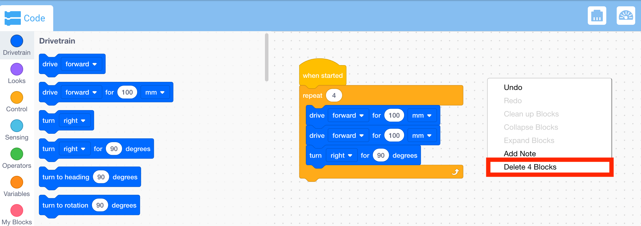 Deleting Blocks in VEXcode GO VEX Library