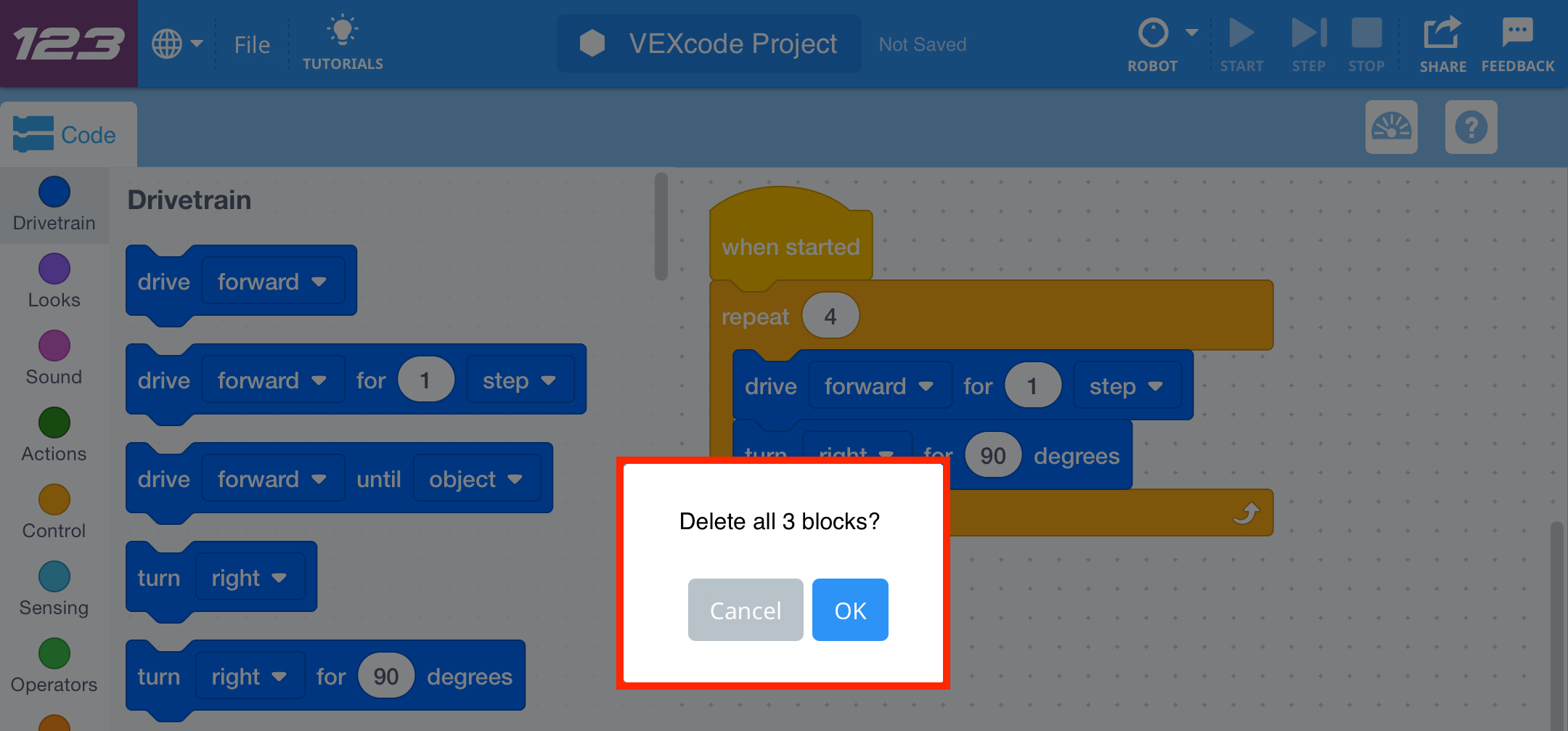 Deleting Blocks in VEXcode 123 VEX Library
