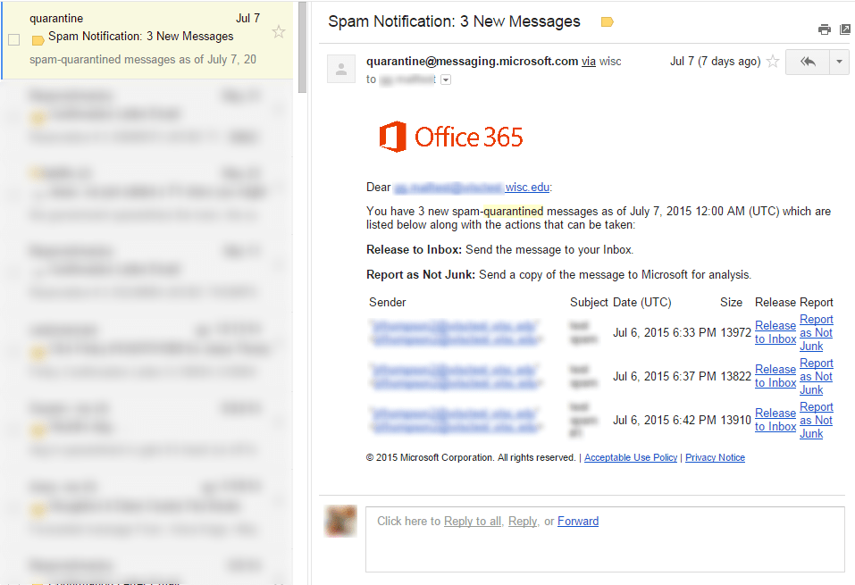 Office 365 Managing quarantined emails when you forward your mail