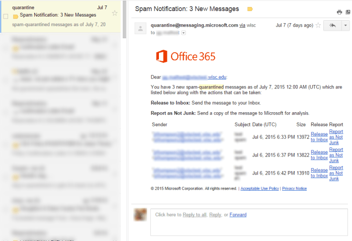 Release Quarantined Emails in Office 365