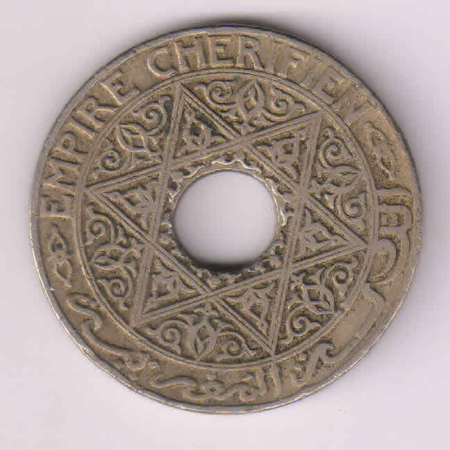 Morocco 25 centimes 1921 holed Coin , Thunder bolt mint mark KB