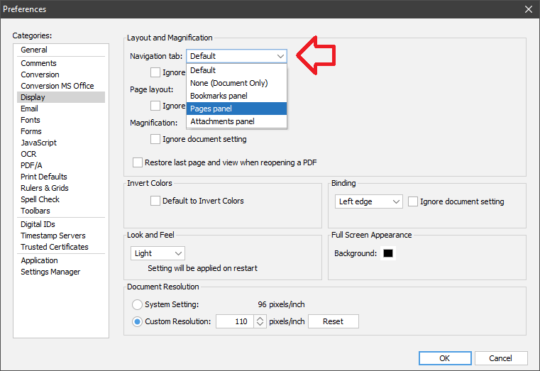 How to set the thumbnail / pages pane to be open by default PDF