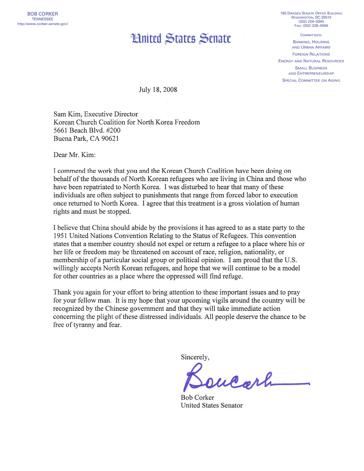 Letters from US Senators and Representatives Former Senator Bob