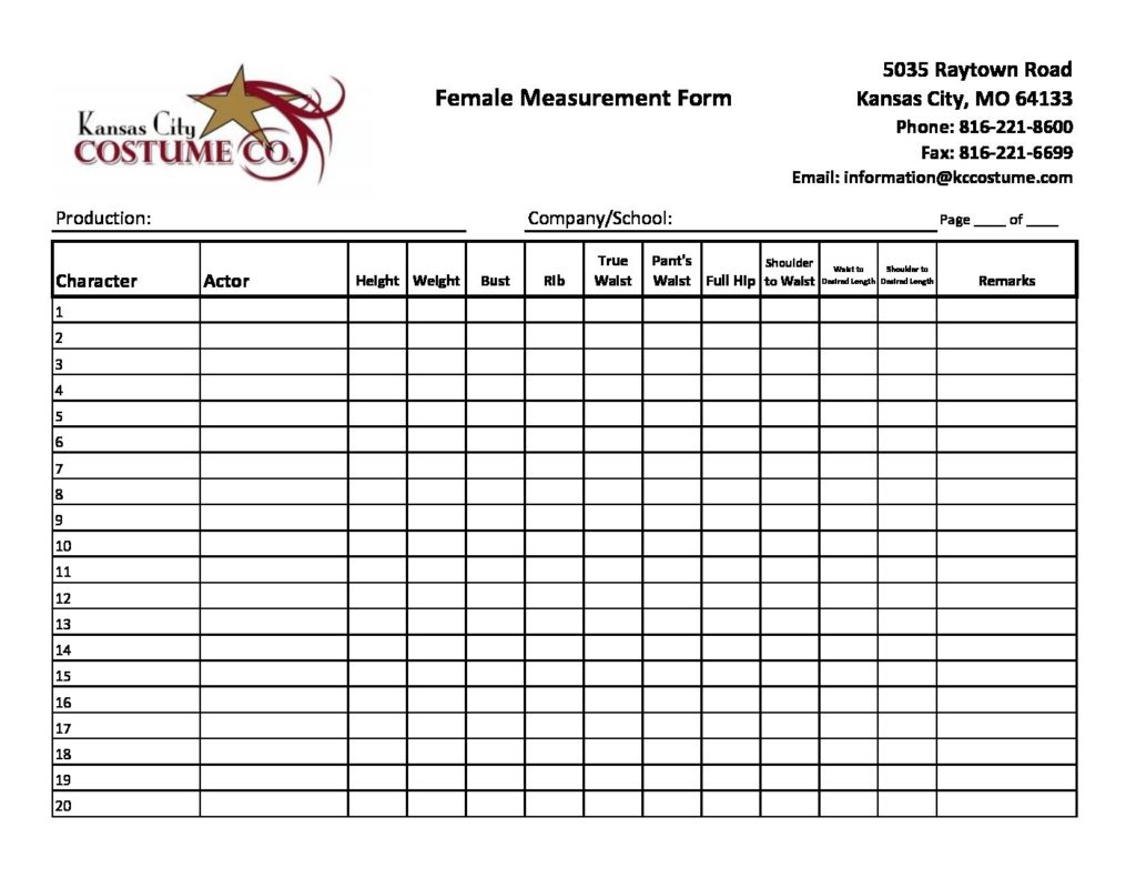 Female Measurement Form 2017 Kansas City Costume Company