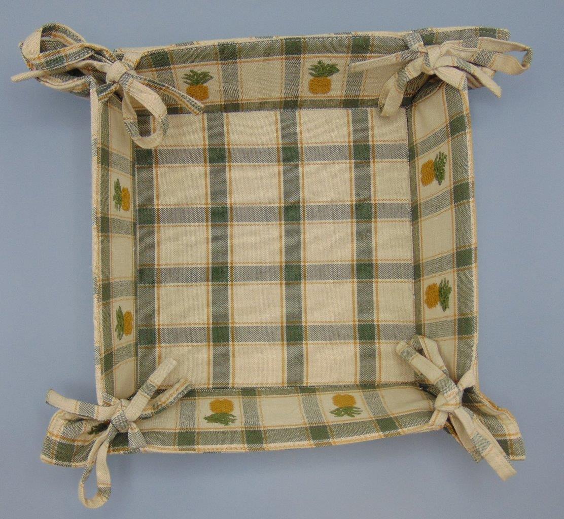 Pineapple 10" and 7" Cloth Bread Basket Lot Green Plaid Tied Quilted
