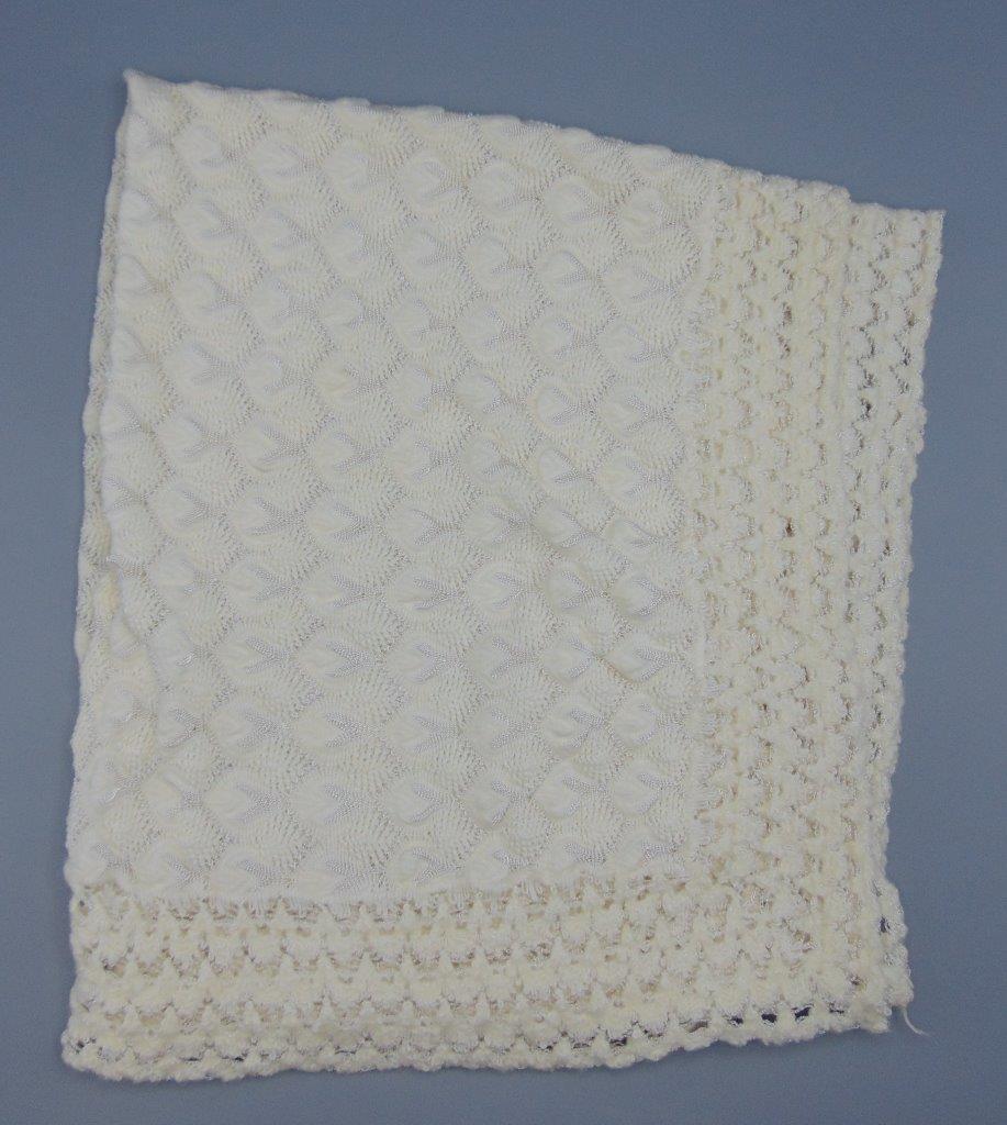 Vtg Acrylic Baby Blanket White Knit Lace Christening Baptism 33" Square