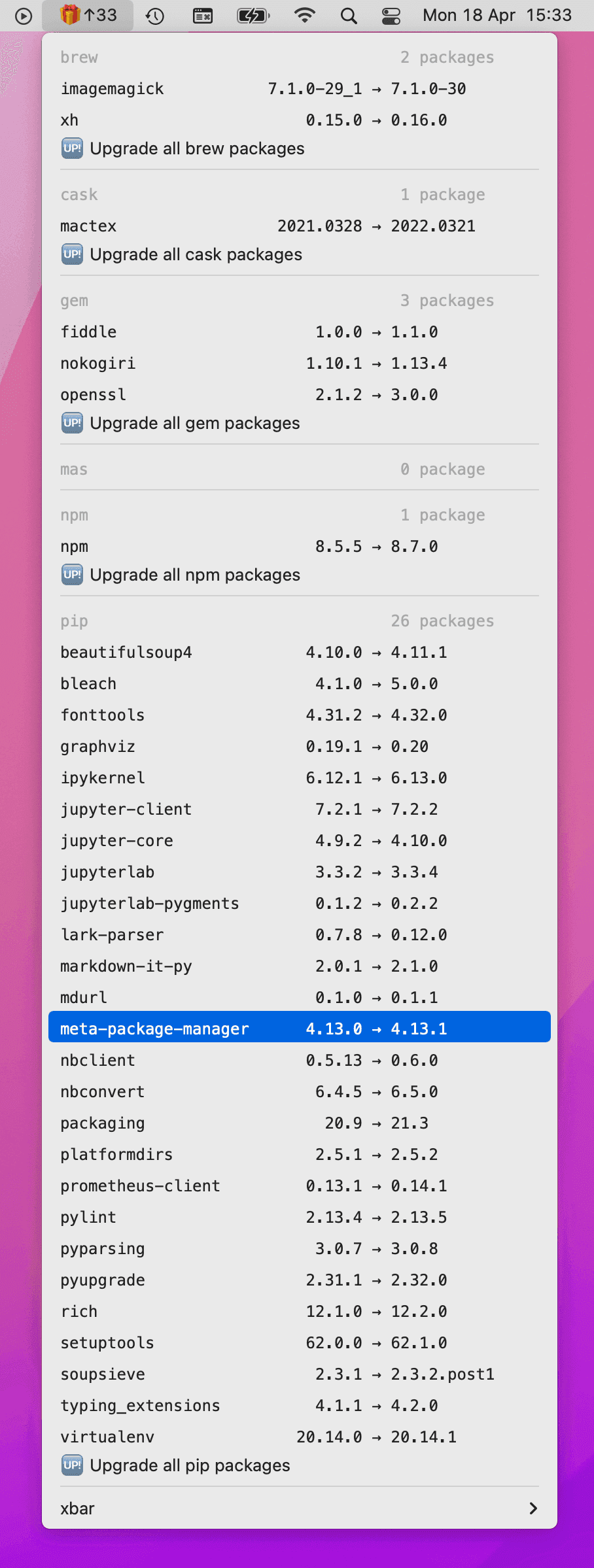 Xbar and SwiftBar plugin Meta Package Manager