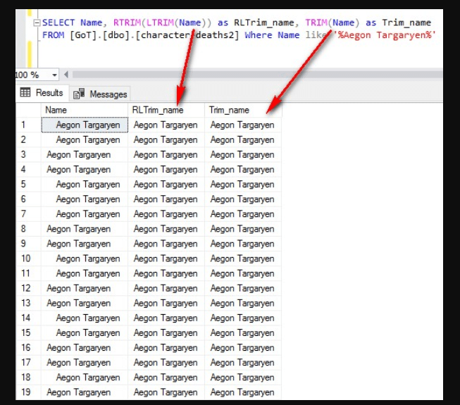 Funciones TRIM y RTRIM para string en SQL