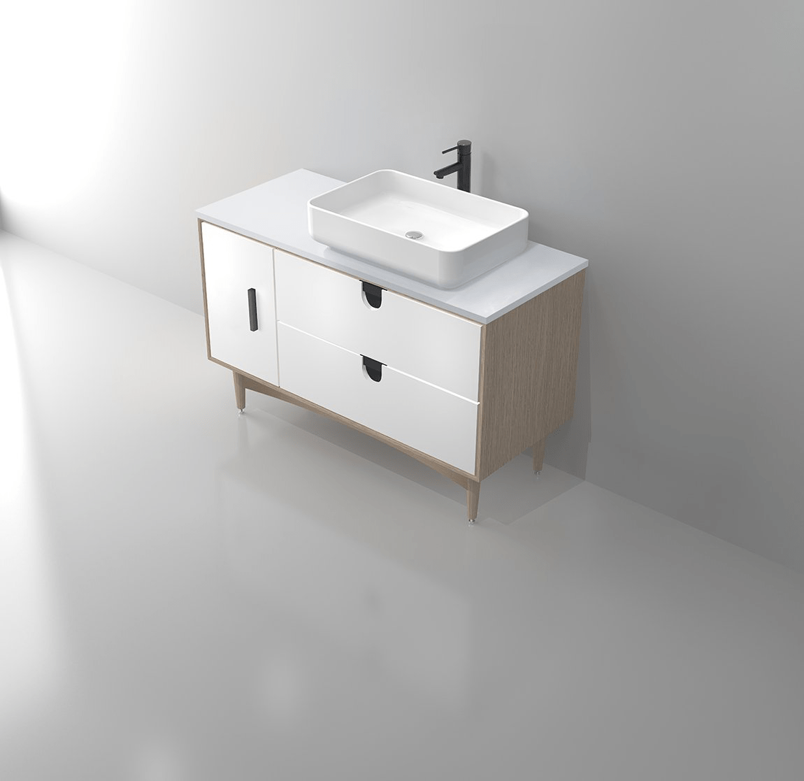 PORTREE 48” MATTE WHITE MIDCENTURY FREE STANDING BATHROOM VANITY