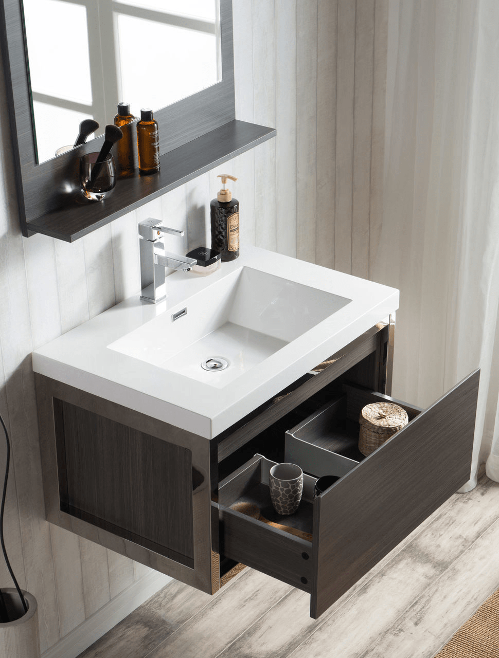 KEETCHEN SEATTLE 30″ Grey Oak Wall Hung Modern Bathroom Vanity with
