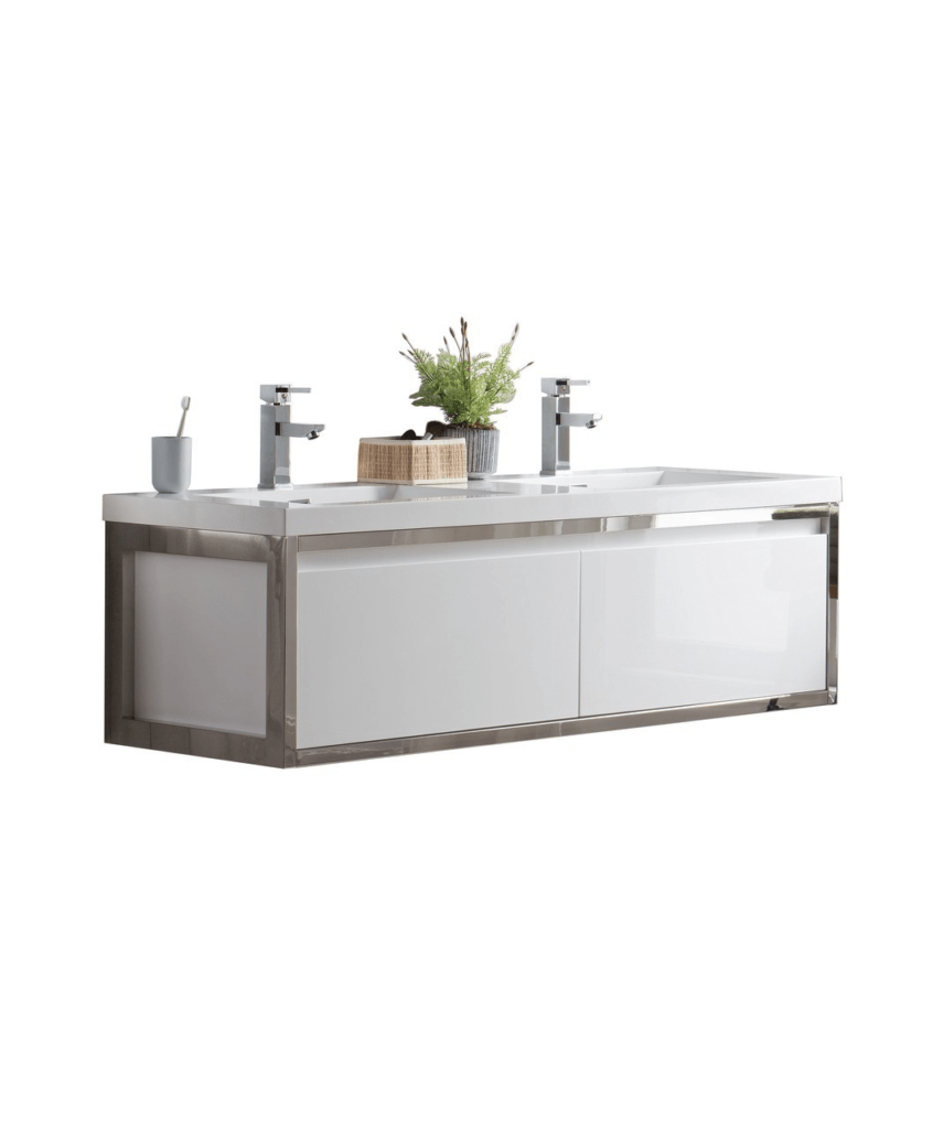 KEETCHEN SEATTLE 60″ Glossy White Wall Hung Modern Bathroom Vanity with Chrome Stainless Steel