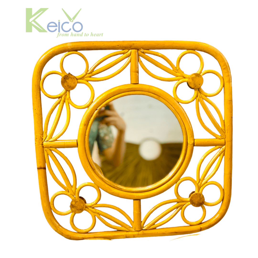 Rattan Flower Square Wall Mirror, Hanging Wall Decor 8423091312