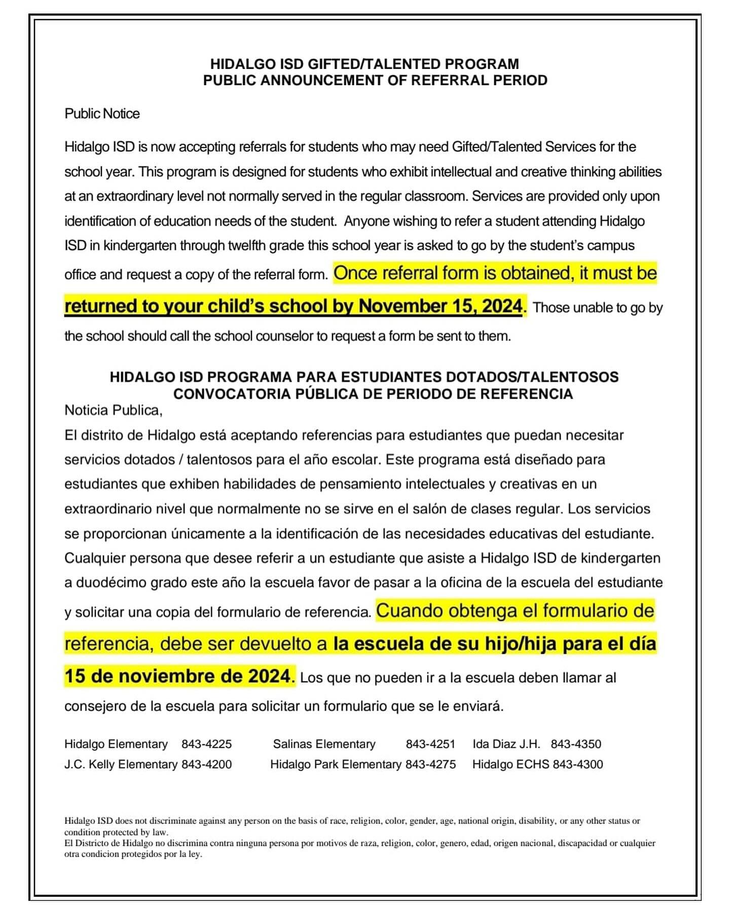 Gifted and Talented Referral Submissions Public Notice JC Kelly