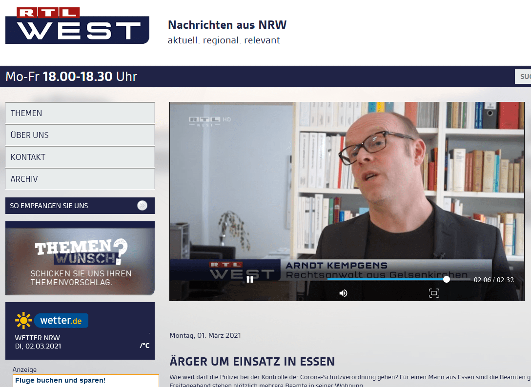 1.3.21 RTL Bericht über umstrittenen CoronaPolizeieinsatz in Essen. RA