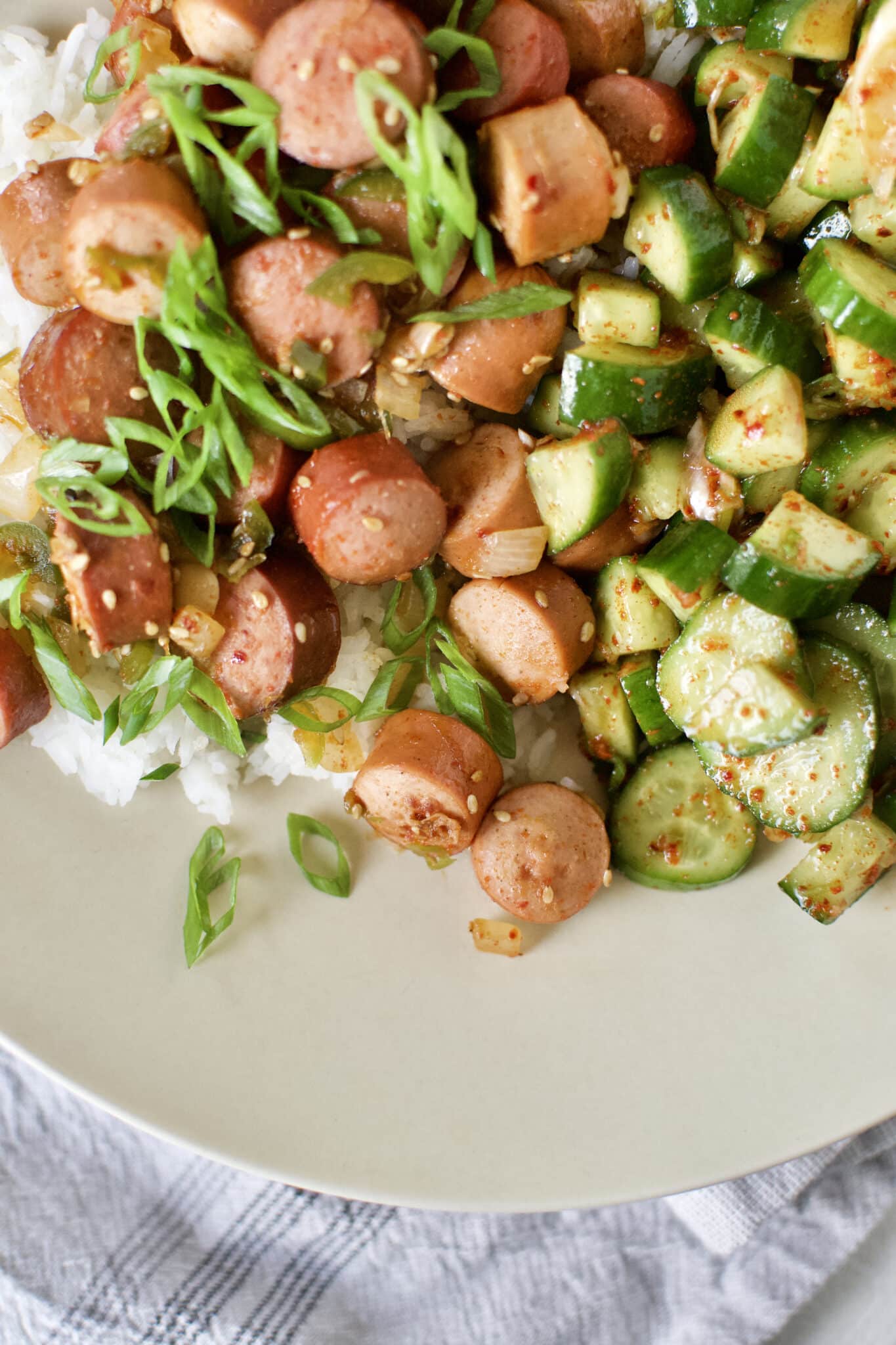 Hot Dogs and Rice with Cucumber Kimchi Salad KendellKreations