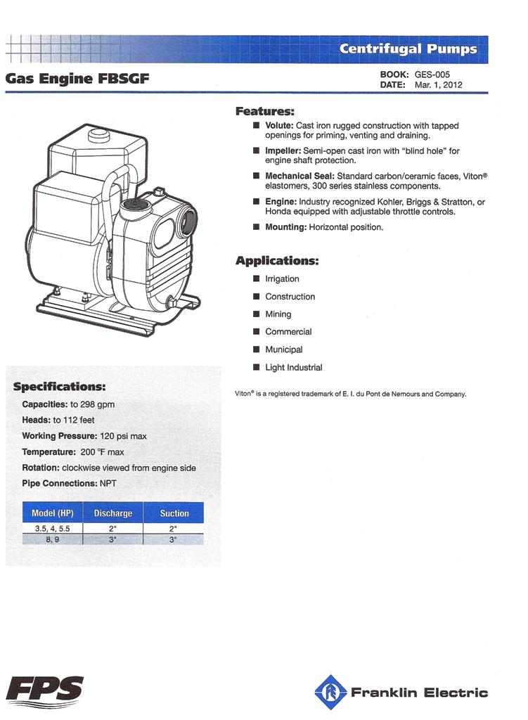 Franklin Electric Water Pump FBSGF Gas Powered & Repair Parts Ken's