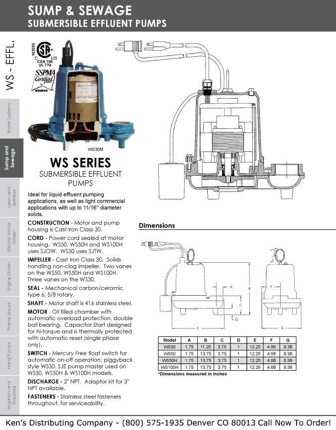 Monarch Industries Submersible Effluent Pumps WS Series Ken's