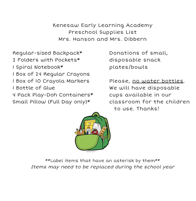 PreSchool Supply List Kenesaw Public Schools