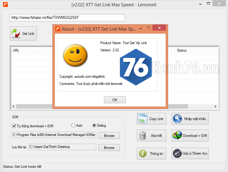 Tool XTT Get Link Max Speed v2.02 Get link Vip Fshare.vn 2014