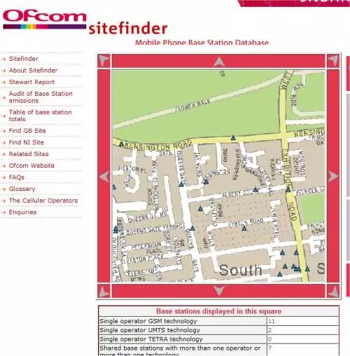 Sitefinder Maps and database of phone masts in the UK Ken's