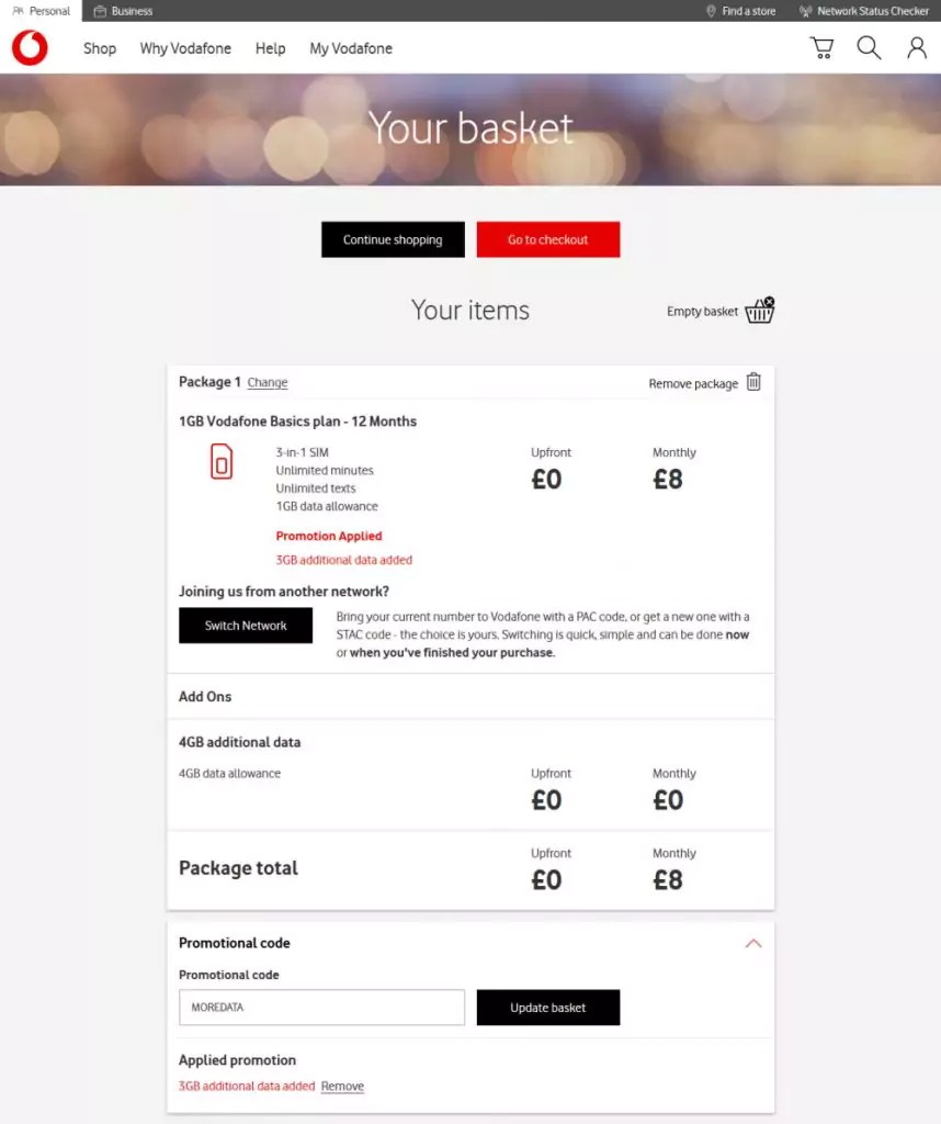 Vodafone Basics Voucher Code (March 2020) 8GB Data For £8/Month